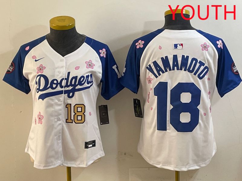 Youth Los Angeles Dodgers #18 Yamamoto White Blue Sakura Edition 2025 Nike MLB Jersey style 6->youth mlb jersey->Youth Jersey